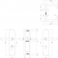 Technische Zeichnung: Sicherheitsbeschlag mit Kernziehschutz und Profilzylinder-Lochung oval Chrom matt 72 mm von Intersteel
