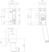 Technische Zeichnung: Fensterverriegelung Ton 222 abschließbar links SKG* Messing lackiert/Ebenholz von Intersteel