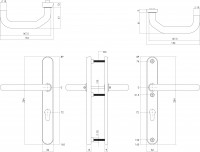 Technische Zeichnung: Sicherheitsbeschlag SKG3 mit Profilzylinder-Lochung 72 mm und Schmalschild oval Hintertürbeschlag Edelstahl gebürstet von Intersteel