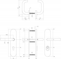 Technische Zeichnung: Sicherheitsbeschlag SKG3 mit Profilzylinder-Lochung 92 mm und Kernziehschutz oval Hintertürbeschlag Edelstahl gebürstet von Intersteel