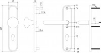 Technische Zeichnung: Sicherheitsbeschlag SKG3 mit Profilzylinder-Lochung 92 mm mit Knauf oval Vordertürbeschlag Edelstahl gebürstet von Intersteel