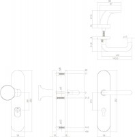 Technische Zeichnung: Sicherheitsbeschlag SKG3 oval mit Kernziehschutz und Profilzylinder-Lochung 92 mm Messing unlackiert von Intersteel