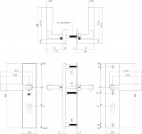 Technische Zeichnung: Sicherheitsbeschlag rechteckig mit Profilzylinder-Lochung 72 mm Messing lackiert von Intersteel