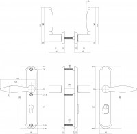 Technische Zeichnung: Sicherheitsbeschlag SKG3 mit Profilzylinder-Lochung 72 mm und Kernziehschutz Hintertürbeschlag Sliced no. 4 Edelstahl gebürstet von Intersteel