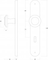 Technische Zeichnung: Knauf auf Schild mit Schlüsselloch 72 mm Messing lackiert von Intersteel