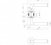 Technische Zeichnung: Türklinke Bau-Stil auf runder Magnetrosette Edelstahl gebürstet von Intersteel