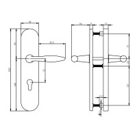 Technische Zeichnung: Sicherheitsbeschlag SKG3 mit Profilzylinder-Lochung 72 mm Messing Titan PVD oval Hintertürbeschlag von Intersteel