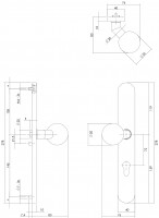 Technische Zeichnung: Knauf XL auf Schild mit Profilzylinder-Lochung 72 mm links Edelstahl gebürstet von Intersteel
