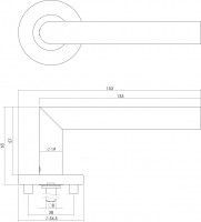 Technische Zeichnung: Türklinke Gerade 90° Winkel auf Rosette EN1906/4 mit Toiletten-/Badezimmerverriegelung gebürsteter Edelstahl von Intersteel