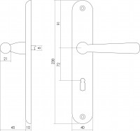 Technische Zeichnung: Türklinke Yvonne auf Schild mit Schlüsselloch 72 mm Nickel matt von Intersteel