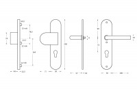 Technische Zeichnung: Sicherheitsbeschlag SKG3 mit Profilzylinder-Lochung 72 mm oval Vordertürbeschlag massiver Edelstahl gebürstet von Intersteel