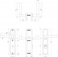 Technische Zeichnung: Sicherheitsbeschlag SKG3 mit Profilzylinder-Lochung 72 mm und Kernziehschutz Hintertürbeschlag Dock Wood Edelstahl gebürstet von Intersteel