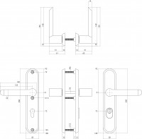 Technische Zeichnung: Sicherheitsbeschlag SKG3 mit Profilzylinder-Lochung 72 mm und Kernziehschutz Hintertürbeschlag Sliced no. 2 Edelstahl gebürstet von Intersteel