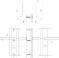 Technische Zeichnung: Sicherheitsbeschlag SKG3 mit Profilzylinder-Lochung 72 mm und Kernziehschutz Hintertürbeschlag Sliced no. 3 Edelstahl gebürstet von Intersteel