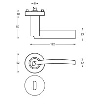 Technische Zeichnung: Türklinke Sylvia auf runder Rosette mit Schlüsselloch Chrom/Nickel matt von Intersteel