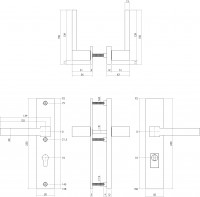 Technische Zeichnung: Sicherheitsbeschlag SKG3 mit Profilzylinder-Lochung 72 mm und Kernziehschutz Hintertürbeschlag Sliced no. 5 Edelstahl gebürstet von Intersteel