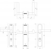 Technische Zeichnung: Sicherheitsbeschlag SKG3 mit Profilzylinder-Lochung 72 mm und Kernziehschutz Hintertürbeschlag Dock Black Edelstahl gebürstet von Intersteel