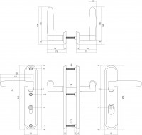 Technische Zeichnung: Sicherheitsbeschlag SKG3 mit Profilzylinder-Lochung 72 mm und Kernziehschutz Hintertürbeschlag Dock Ton Edelstahl gebürstet von Intersteel