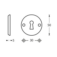 Technische Zeichnung: Rosette mit Schlüsselloch und Schraublöchern Chrom von Intersteel