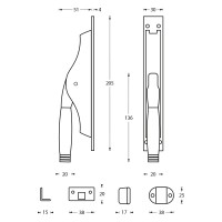 Technische Zeichnung: Tür-Stangenschloss Ton 222 Chrom matt/Ebenholz von Intersteel